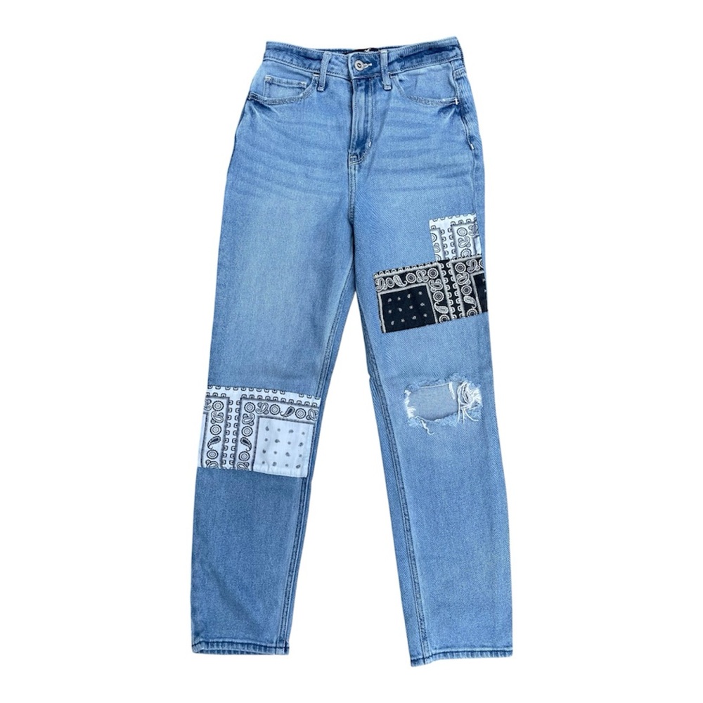 Hollister Blue Straight Leg Jeans with Black Patches